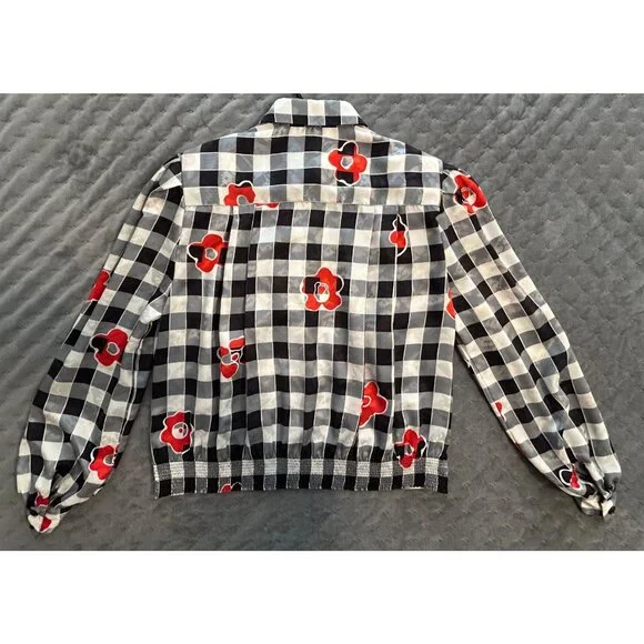 Vintage Anne Klein Women's Black White Gingham Checkered Blouse Red Poppy Size 8 - Picture 8 of 9
